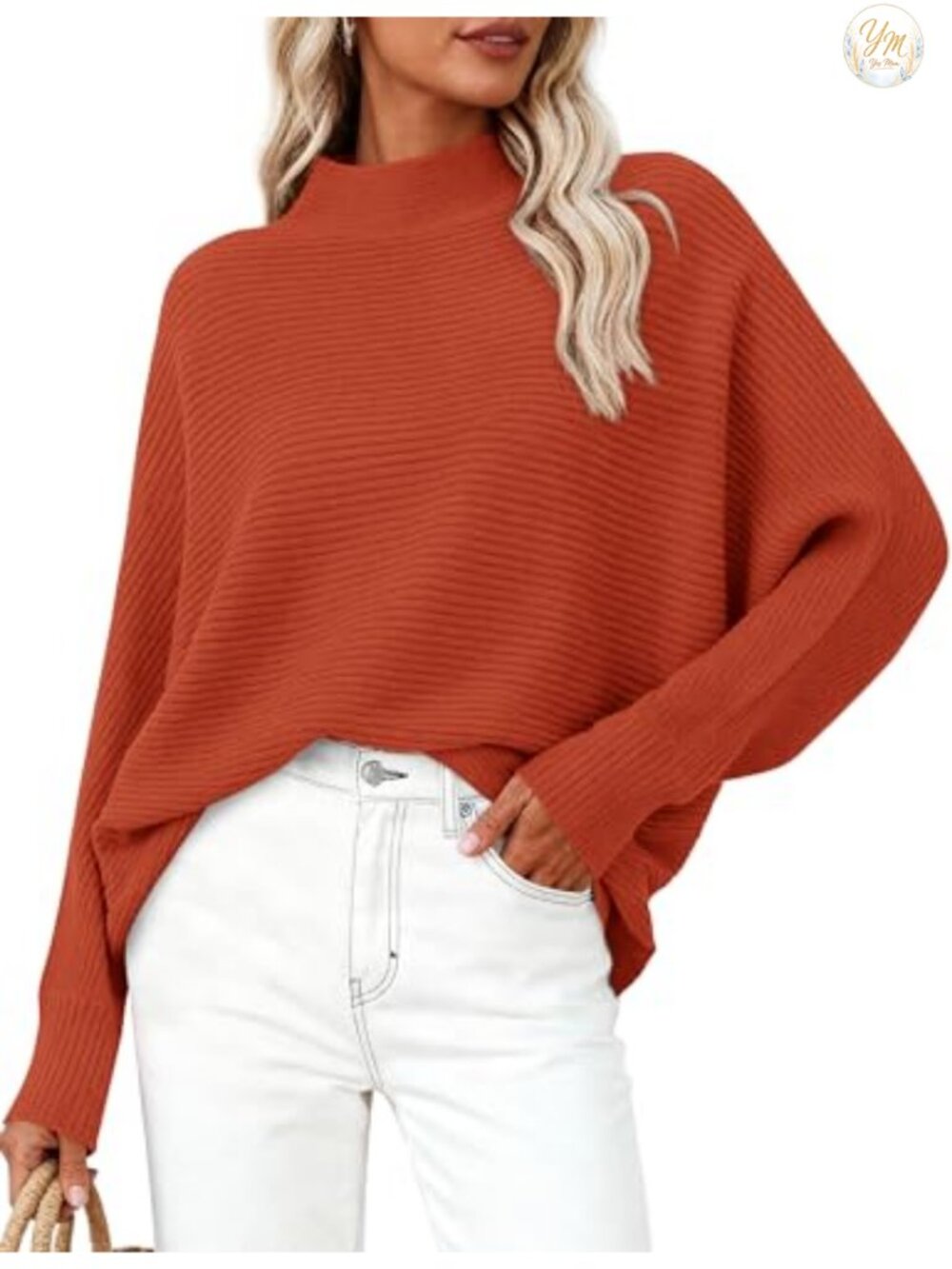 Women's Batwing Long Sleeve Ribbed Knit Pullover Sweater Mock Neck Cozy